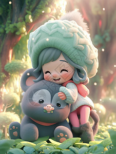 戴帽子的可爱卡通小女孩与宠物熊小怪物在玩耍开心笑图片