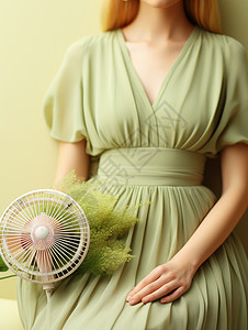 穿绿色长裙手拿电风扇的女人图片