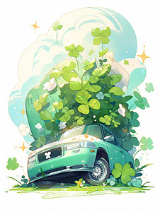 绿色卡通汽车顶着绿植去旅行背景图片