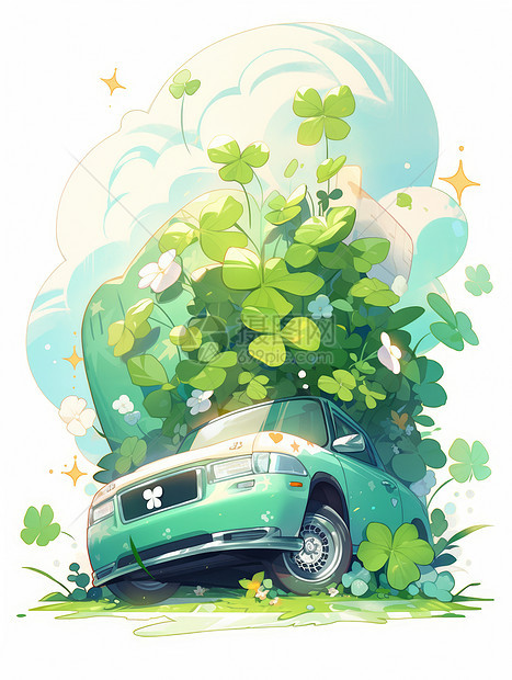 绿色卡通汽车顶着绿植去旅行图片