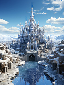 雪中华丽的欧式复古卡通城堡图片