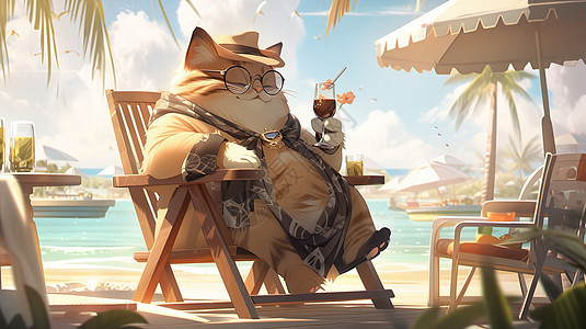卡通肥胖的猫在海边喝饮料度假图片