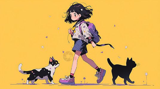 背紫色放学回家的可爱卡通女孩与宠物猫图片