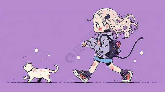 背着书包与宠物猫一起走路的可爱卡通女孩图片