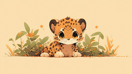 可爱卡通小豹子趴在草丛中图片