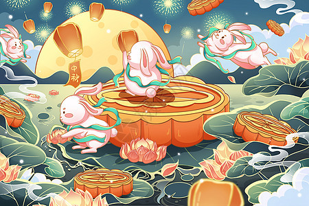 八月十五中秋节吃月饼放孔明灯兔子插画图片