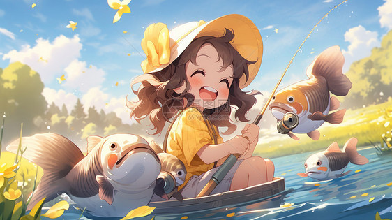 坐在小船上开心大笑钓鱼的可爱卡通小女孩图片