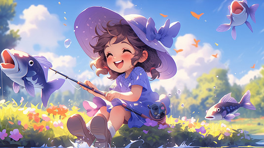 夏天戴着紫色帽子坐在河边钓鱼的可爱卡通小女孩图片
