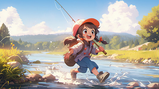 扛着鱼竿奔跑在河里的可爱卡通小女孩图片