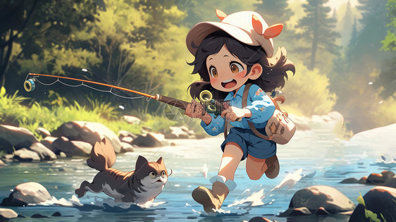 穿蓝色衬衣卡通女孩拿着钓鱼竿与宠物在小河中嬉戏图片