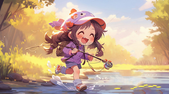 秋天戴棒球帽奔跑在小河上的可爱卡通女孩图片
