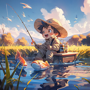 坐在河边钓鱼开心的卡通小男孩背景图片