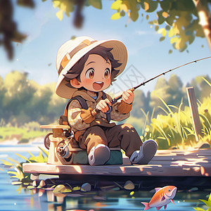 戴帽子坐在树荫下钓鱼可爱卡通小男孩背景图片