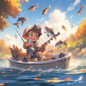 秋天坐在小船上开心钓鱼的卡通小男孩图片