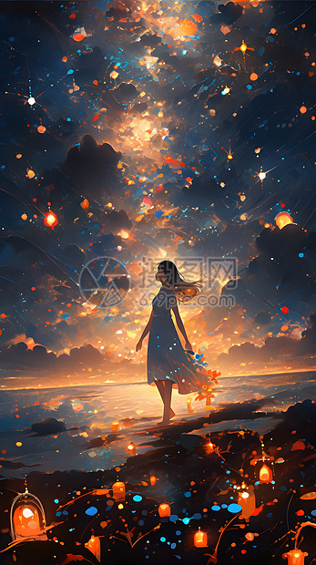 梦幻唯美星空夜景人物氛围节日插画图片