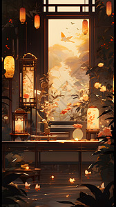 中国风烛火灯夜景氛围节日插画背景图片