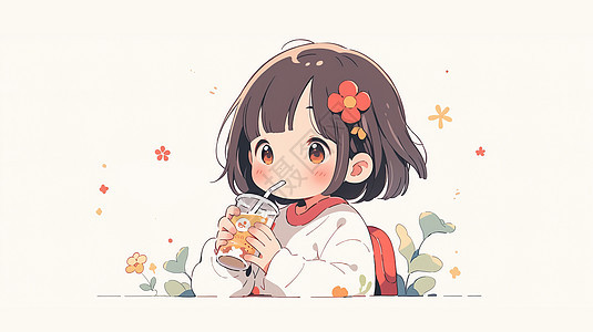 头戴小红花喝奶茶的可爱卡通小女孩图片