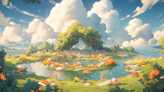 湖中一座漂亮的圆形卡通小岛图片