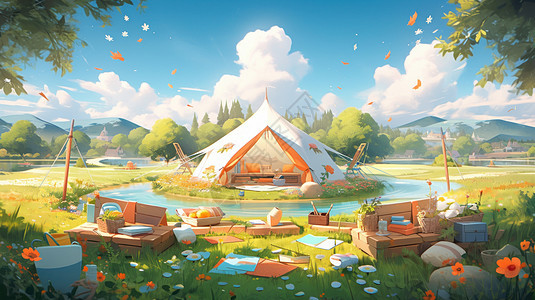 在湖中小岛上一座漂亮的卡通帐篷图片