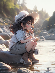 坐在小河边钓鱼发呆的年轻卡通女孩图片