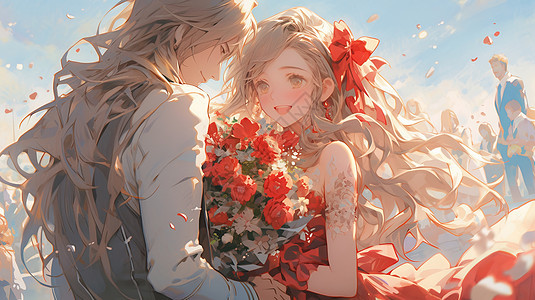 穿红色裙子的年轻卡通女孩手捧花朵与她帅气的男朋友图片