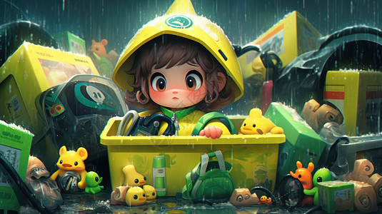 雨中坐在箱子里的可爱卡通小孩图片