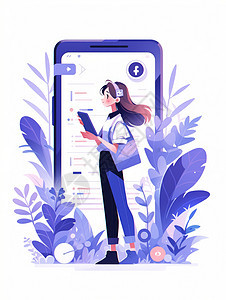 扁平风拿着手机长发可爱的卡通女孩站在超大的手机前图片