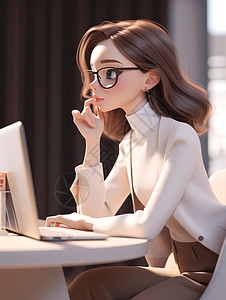 穿白色毛衣在电脑前办公的时尚卡通女人图片