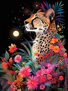 站在粉色花丛中可爱的卡通豹子图片