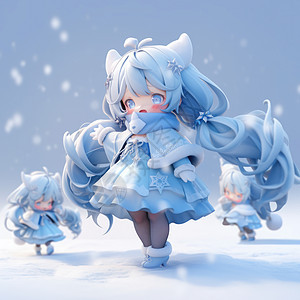 站在雪中蓝色长发可爱的卡通小女孩图片
