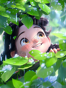 躲在树叶下赏雨的卡通小女孩图片