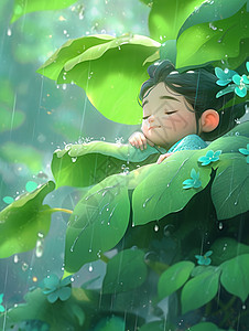 雨中在大叶子下躲雨的立体卡通小女孩图片