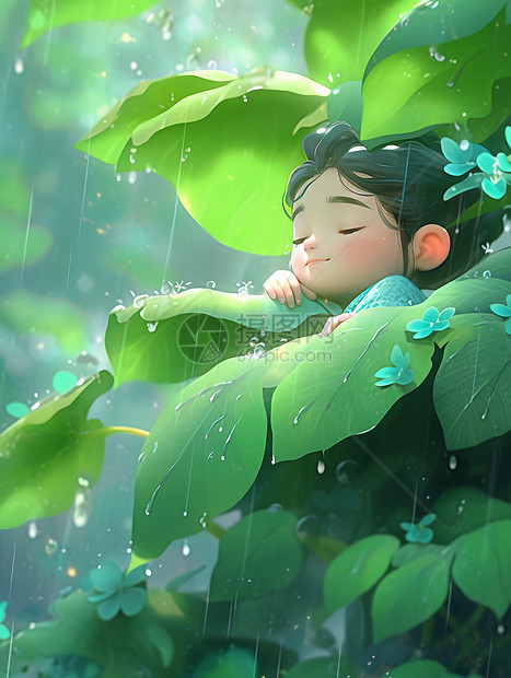 雨中在大叶子下躲雨的立体卡通小女孩图片