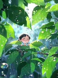在大雨中开心笑的卡通小女孩图片