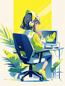 坐在电脑桌前戴着耳麦办公的时尚卡通女孩图片