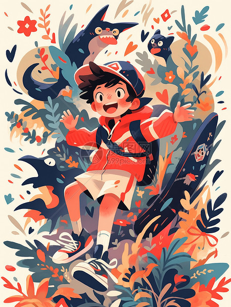 穿红色卫衣在花丛中开心跳起来的卡通小男孩图片
