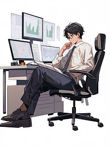 坐在电脑桌前观察屏幕的卡通男人背景图片
