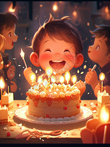 在生日派对上开心过生日的卡通小男孩图片