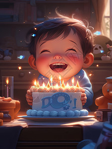 抱着蓝色蛋糕开心笑的可爱卡通小男孩图片