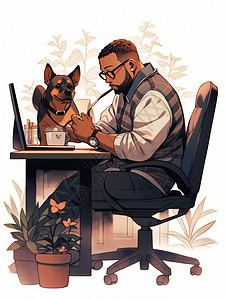 坐在电脑桌前戴眼镜办公的卡通男人与宠物图片