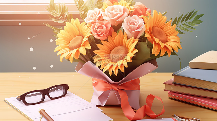 书桌上摆放向日葵花束教师节图片