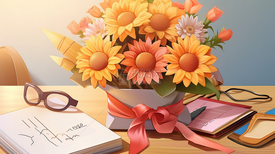 书桌上的向日葵花束教师节图片