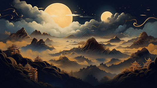 中秋节深色调金色月亮浮云天空图片