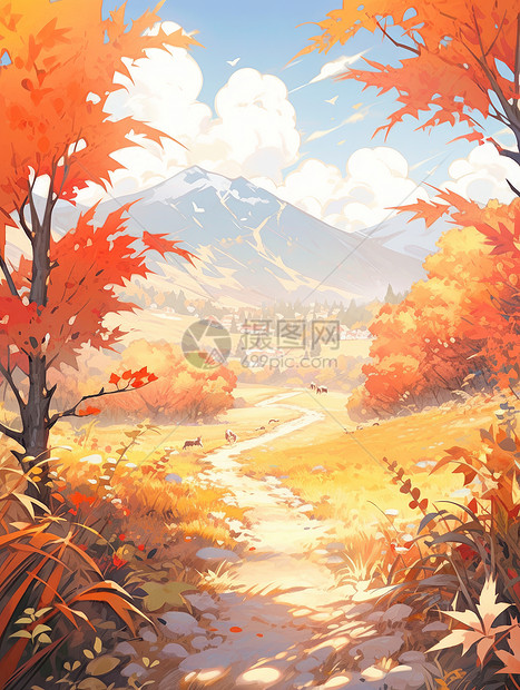 秋天唯美的卡通野外风景图片