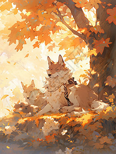 趴在树下可爱的卡通小狐狸图片