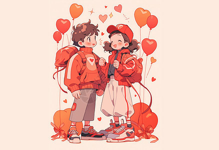 背着包站在一起开心笑的可爱卡通情侣图片