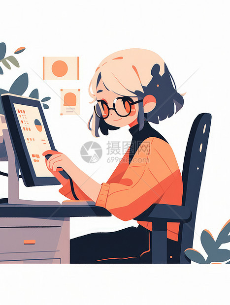 坐在电脑桌前工作的卡通女孩图片