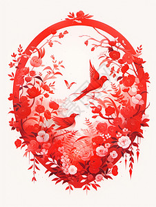 喜庆的红色花朵与卡通小鸟图片