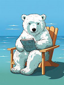 坐在海边看书的卡通北极熊图片