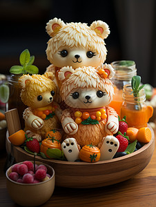 在木碗中可爱的立体食物雕塑小熊高清图片